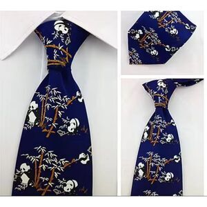 Retro 100% silk navy blue Panda bamboo‎ neck tie UNISEX business casual